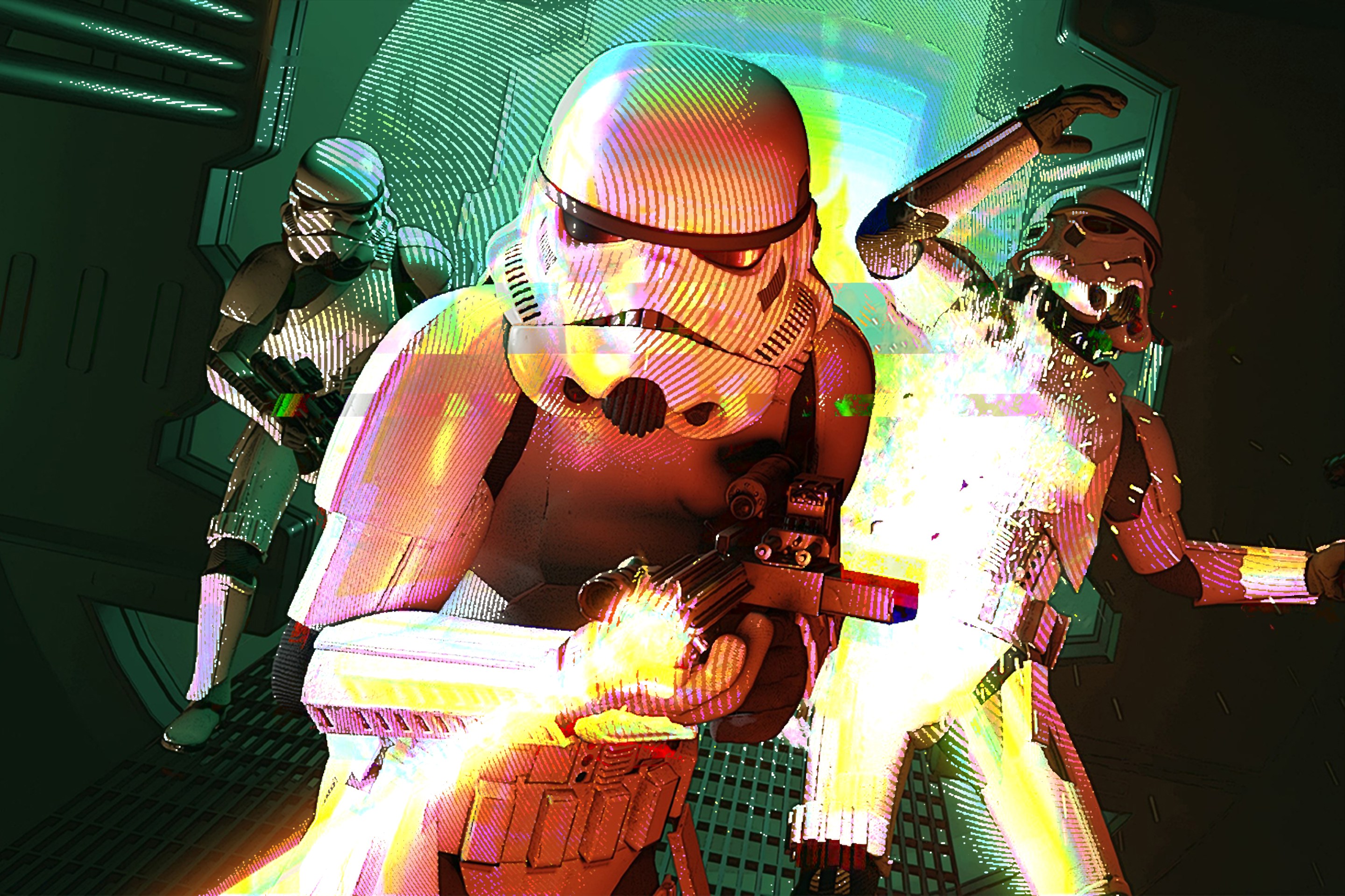 Stormstroopers getting blasted in corridor