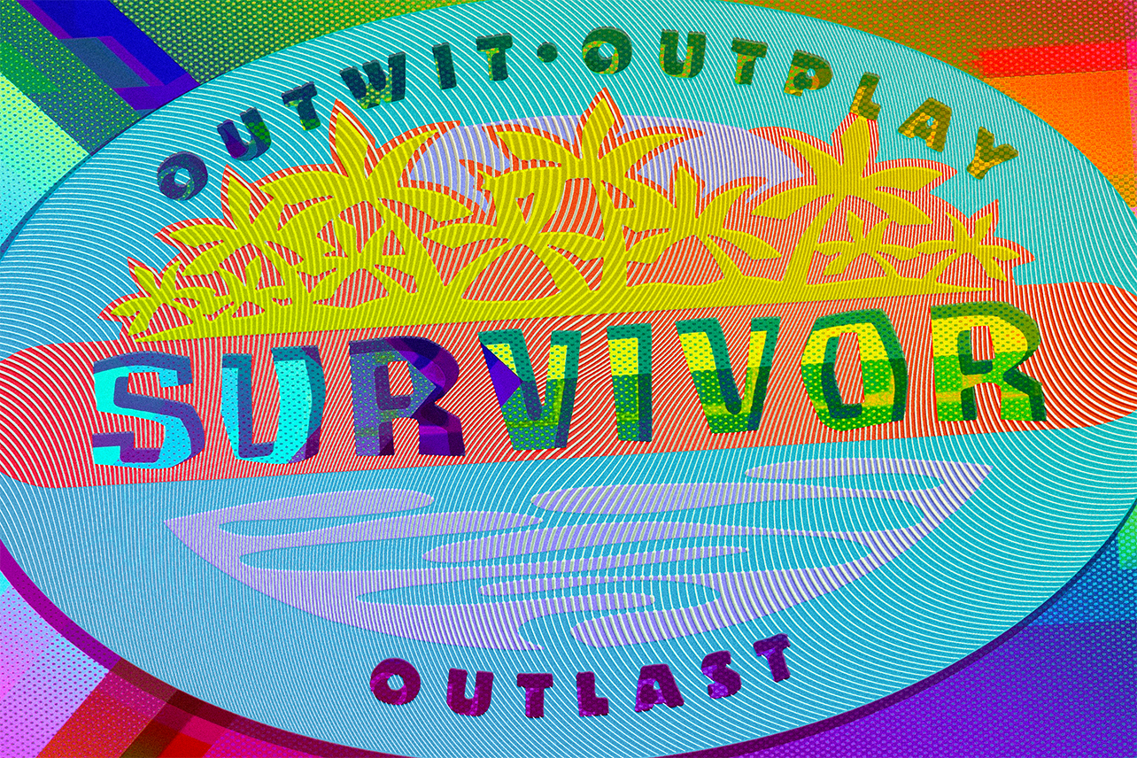 Survivor logo in front of pride flag with garish rainbow overlays and filters