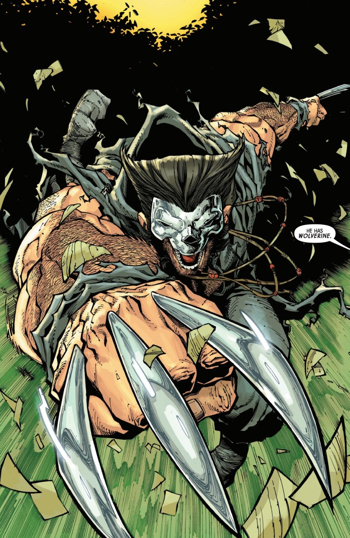 A masked man with claws leaps from a tree.