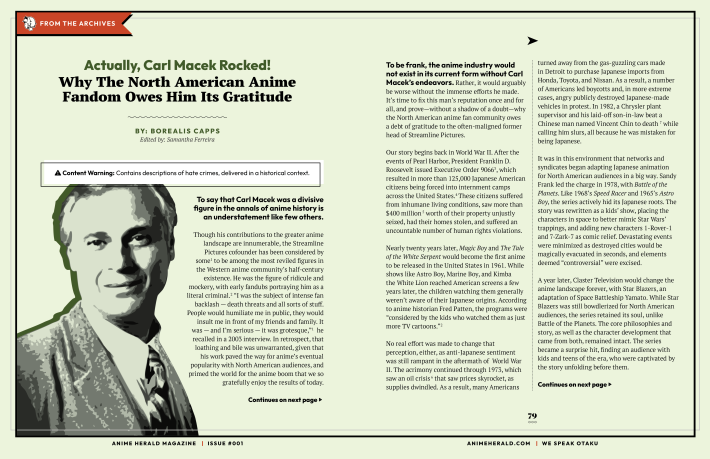 A spread from Anime Herald discussing Carl Macek, with a photo of Macek, an older white man.