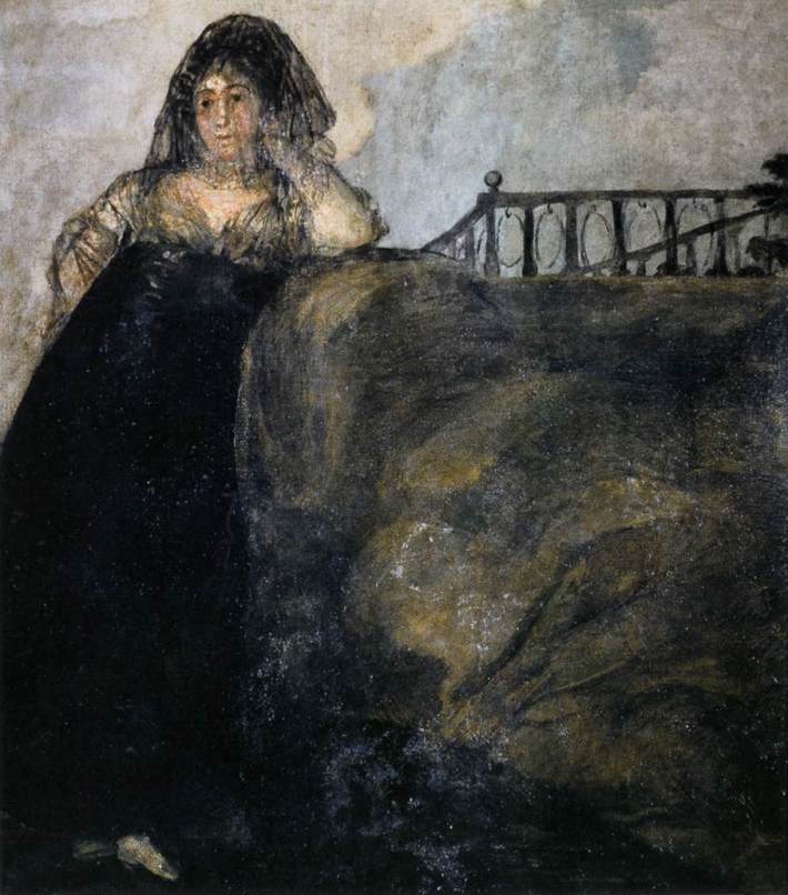 An oil painting of a veiled woman standing by a small black fence.