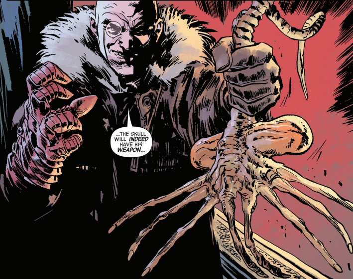 A man with a monocle and a fur coat brandishes an alien crab.