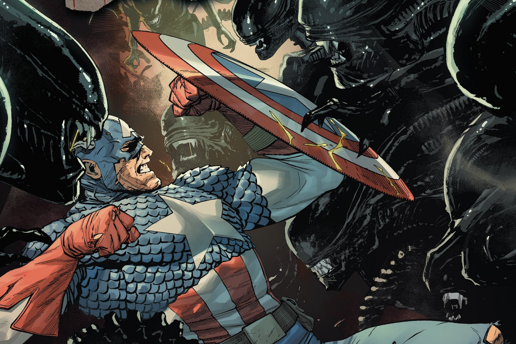 Comic panel of Captain America fighting aliens.