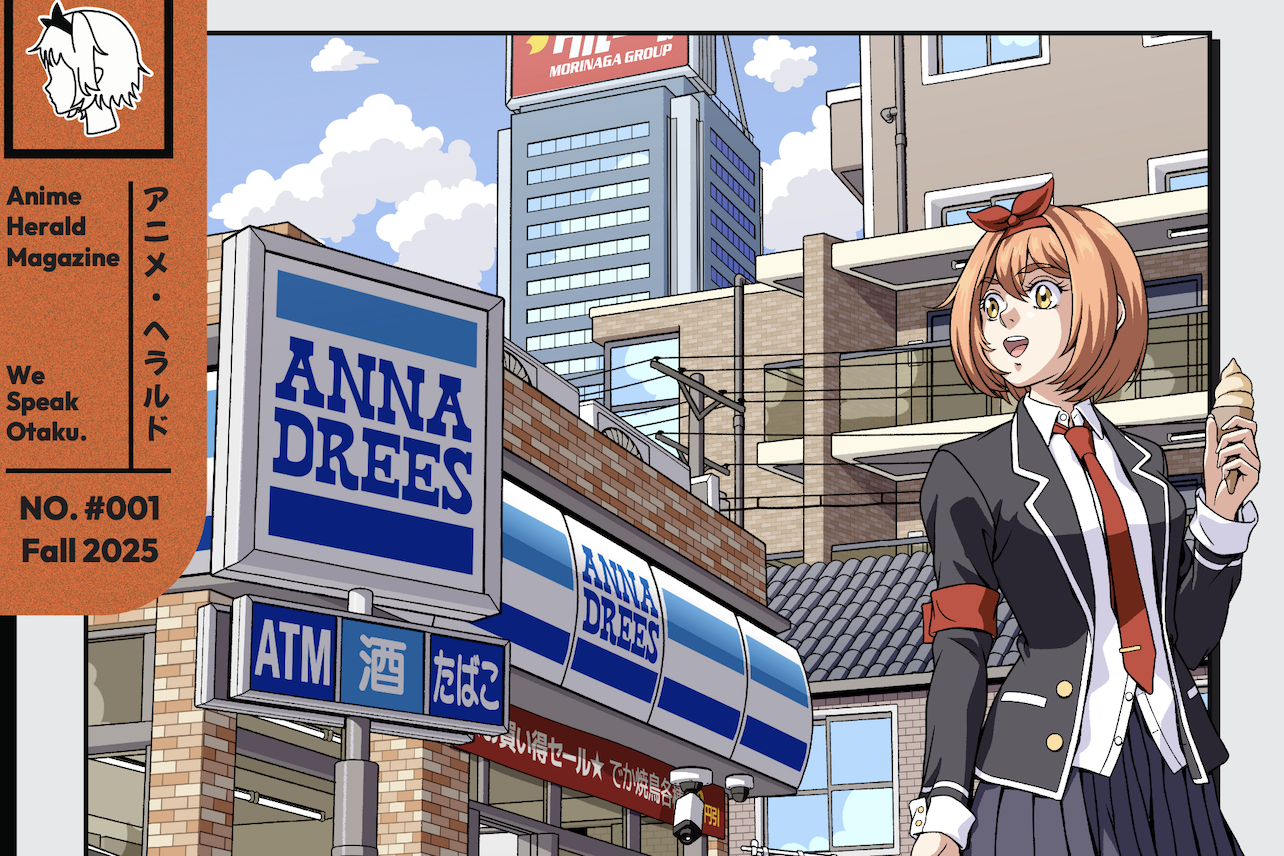 An orange-haired anime girl holding an ice cream in front of a convenience store.