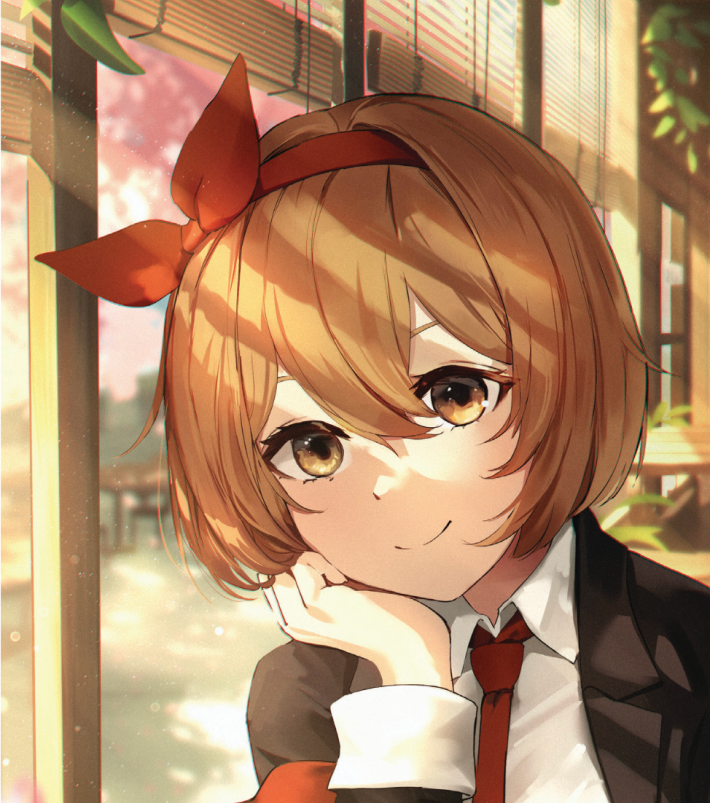 A close up of an orange-haired anime girl.