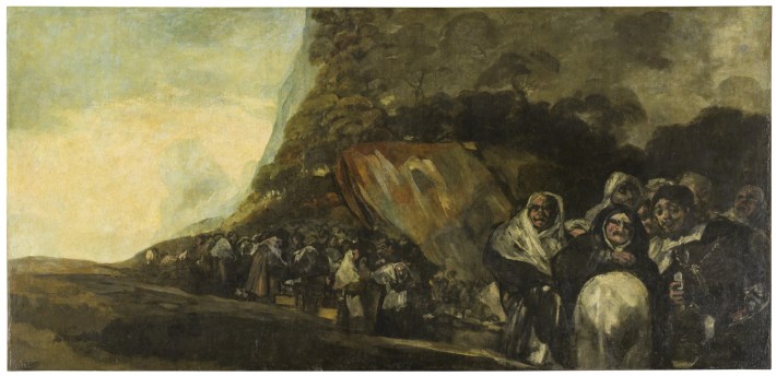 Oil painting of a crowd of pike-carrying people amassing over a mountain pass against a pale yellow sky.