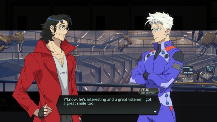 A video game screenshot of two men staring at each other. One is dressed in a red longcoat while the other is in a sci-fi tech suit. Behind them is a hanger.