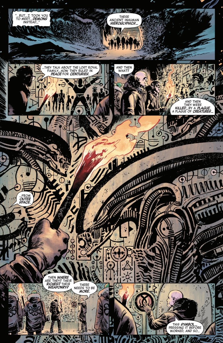 Comic page of a man with a torch examining ruins with pictures of aliens on them.