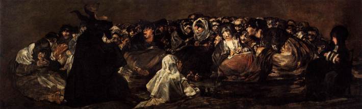 A dark oil painting of a group of peasant women gathered around a silhouetted goat figure.