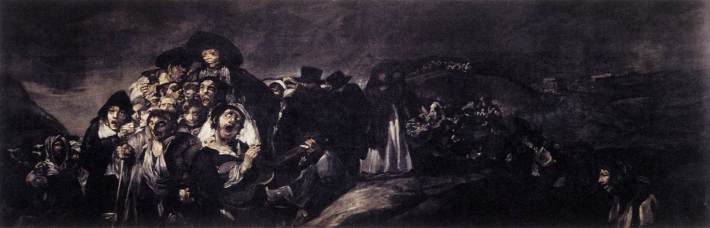 A dark oil painting of a massive crowd of grotesque figures, faces in pain.