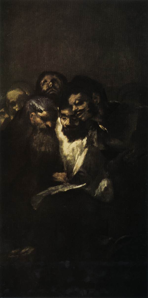 Dark painting of grotesque men reading what looks like a book.