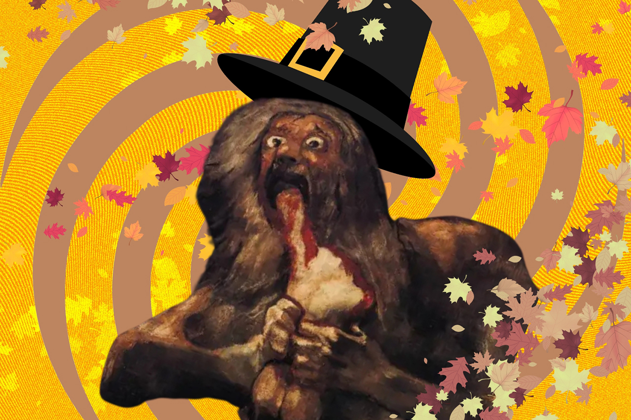 Saturn eating child with pilgrim hat on in front of leaves