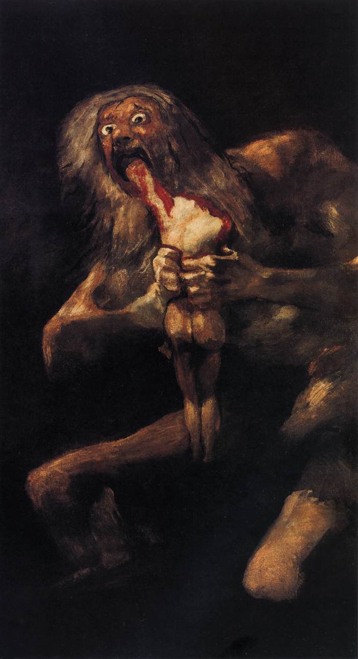 A dark oil painting of a naked, wild-eyed giant devouring a half-eaten corpse of a smaller person.