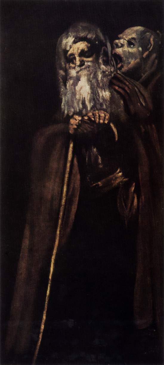 A dark oil painting of an old bearded man, with a corpse-like creature emerging behind him.