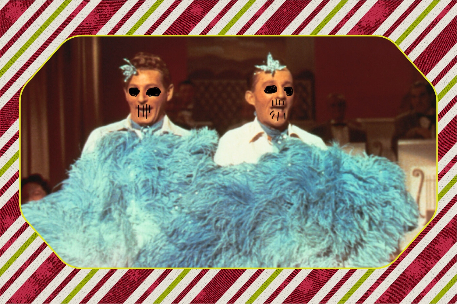 Two men dance with blue feathered fans. Their eyes have been blacked out so they look like skulls.