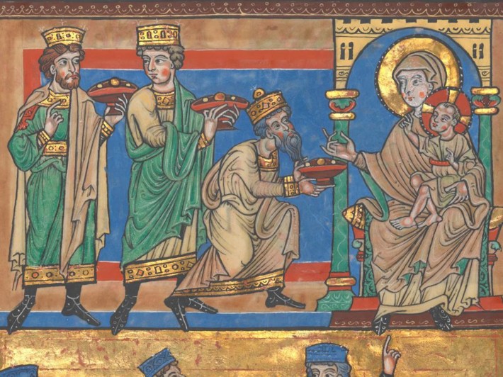 An illustrated manuscript of three kings worshipping Mary and Jesus on a throne.