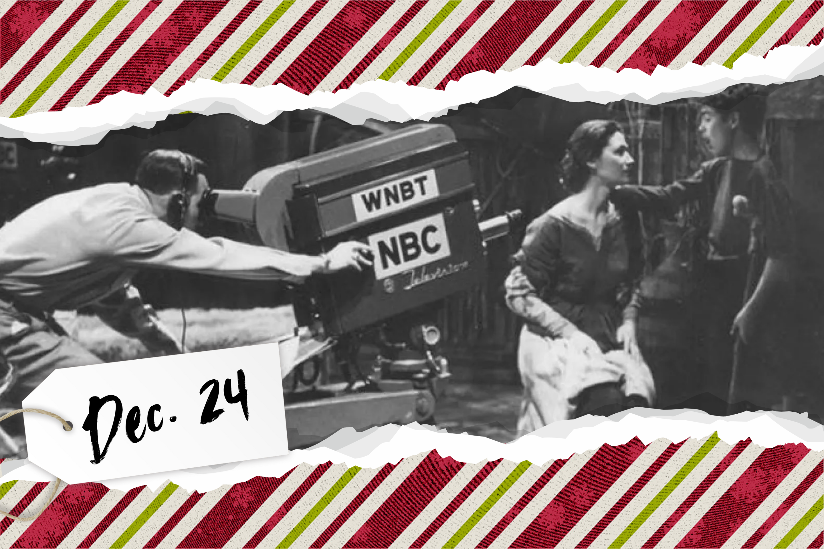 A behind-the-scenes black-and-white photo showing an NBC cameraman filming a woman and young boy.