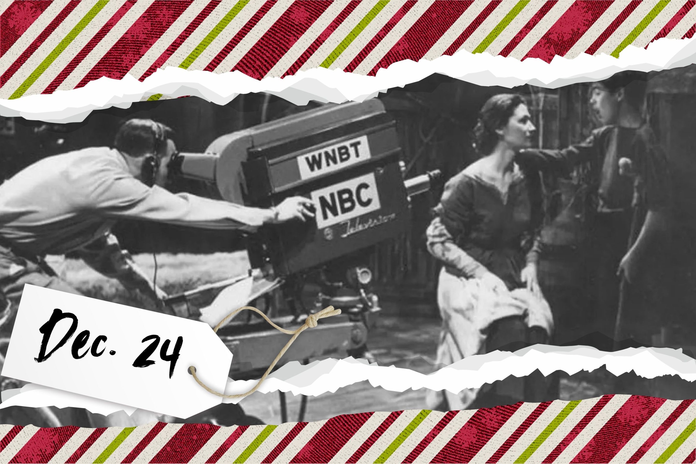 A behind-the-scenes black-and-white photo showing an NBC cameraman filming a woman and young boy.