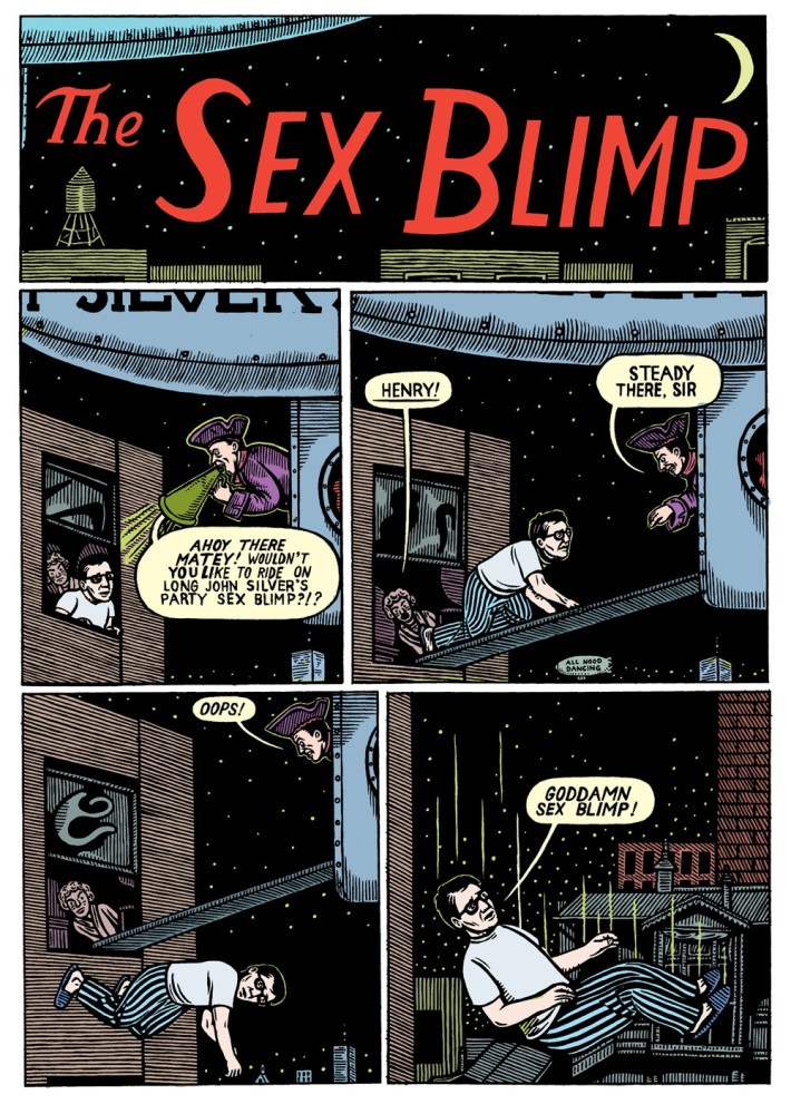 4-panel comic where a man boards a "sex blimp" via a ramp, but falls off.