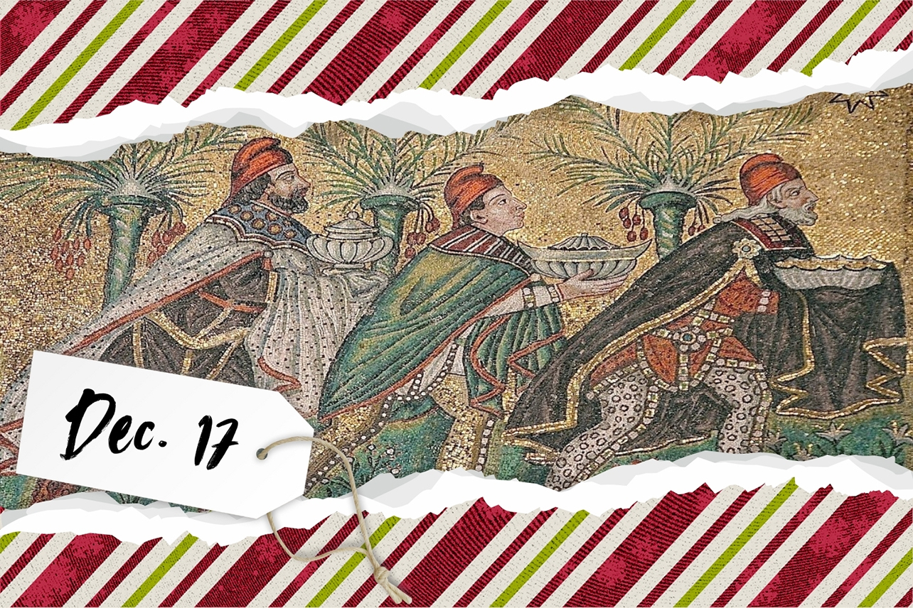 A mosaic of three men in Phrygian caps holding out items.