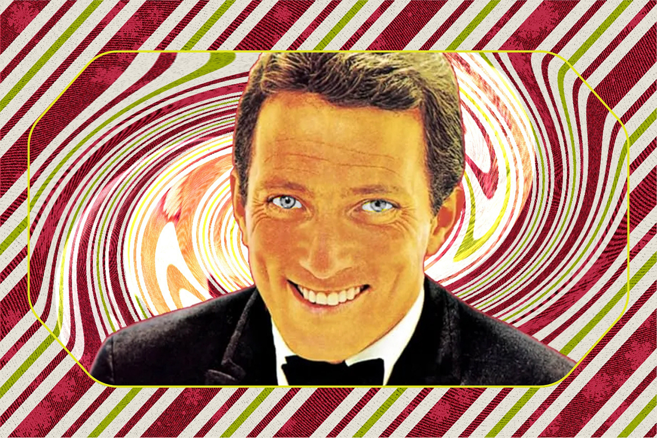 Andy Williams in front of christmas swirl