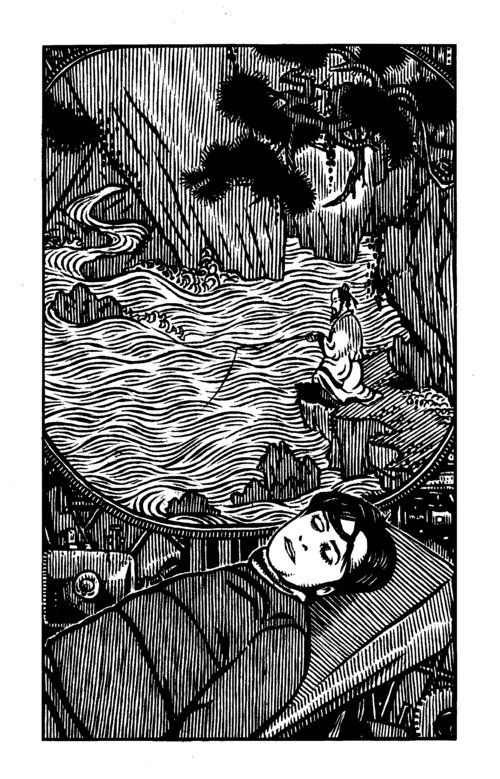 A beautiful ink illustration of a man asleep on a slab, dreaming of a Chinese man fishing.
