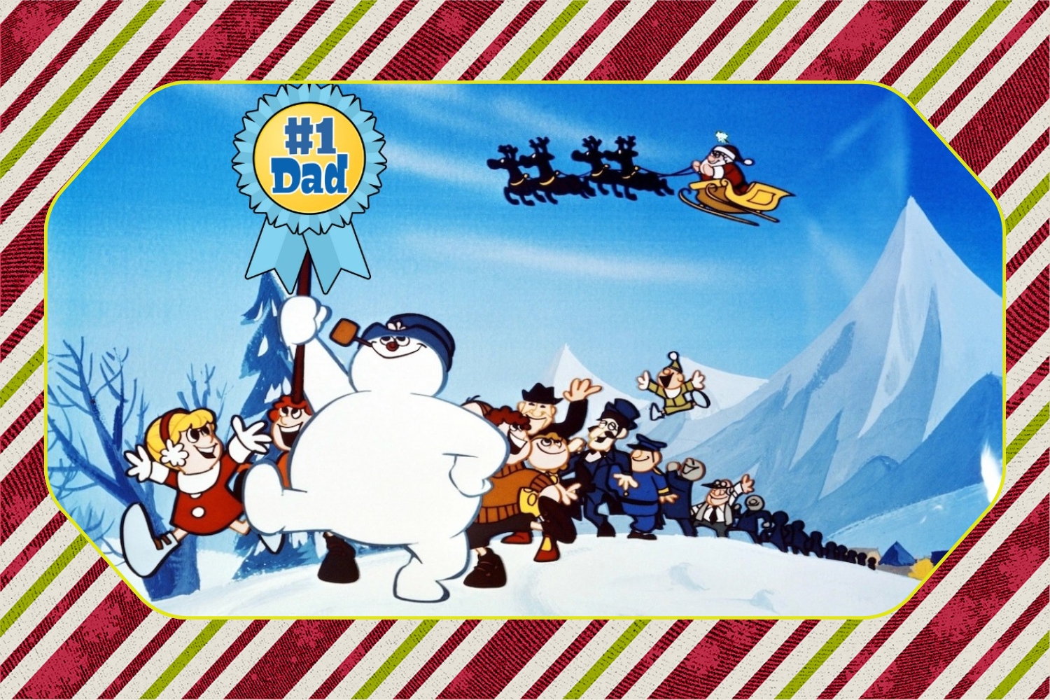 Animated snowman and people marching in the snow, snowman holding a banner saying "#1 Dad".