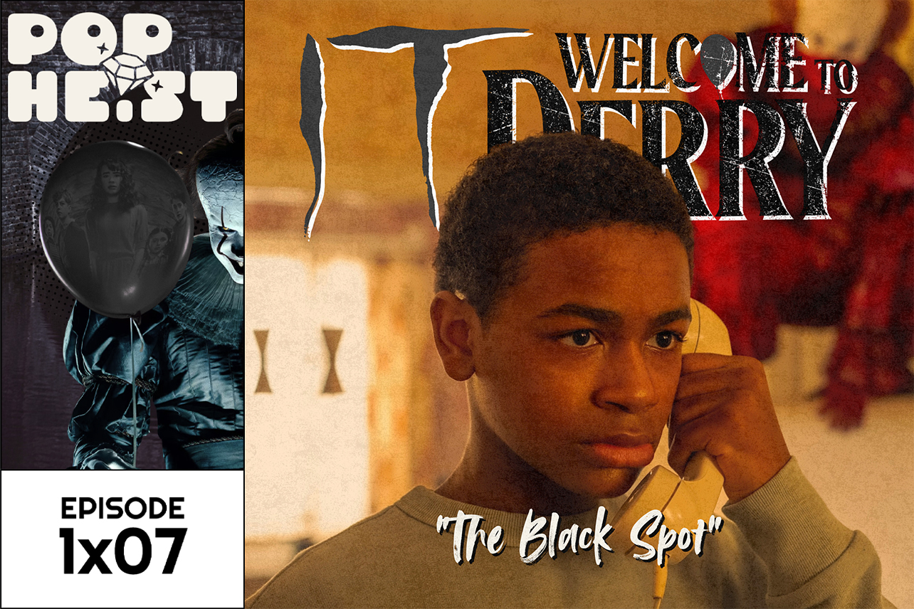 Child on phone with evil clown on fridge behind him