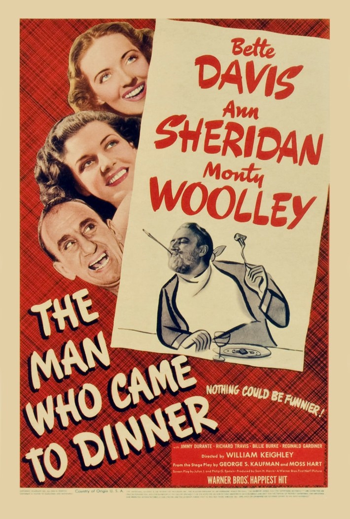 The poster for The Man Who Came To Dinner, with a cartoon of a bearded man sneering at photos of two women and a large-nosed man.