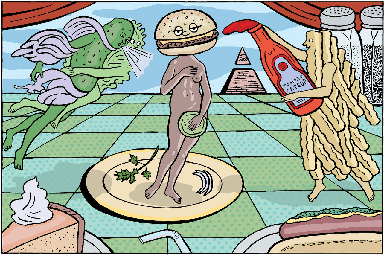 An illustration of the Birth of Venus but done with fast food characters.