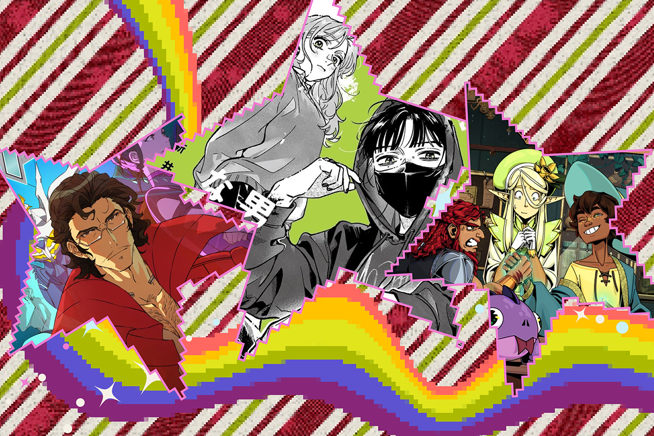 Stars featuring characters from comics and gangs riding down a rainbow in front of pixelated christmas wrapping paper pattern