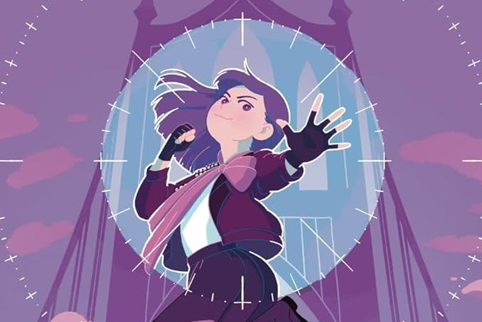 An illustration of a girl with purple hair floating in the air surrounded by a halo of blue light.