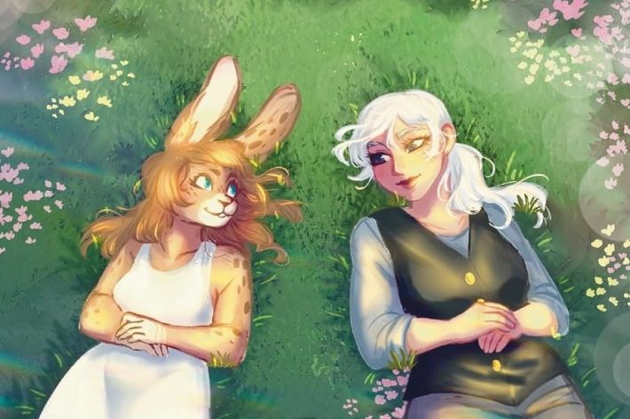 An illustration of an anthropomorphic female bunny and a white-haired girl laying on a field of grass.