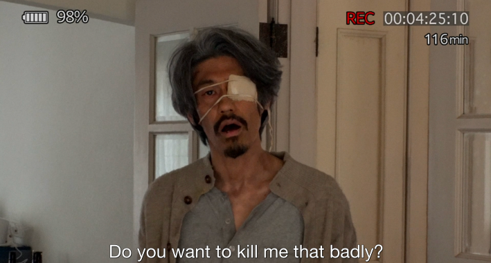 A disheveled white-haired Japanese man with an eye patch yawns his mouth open. The subtitle reads "Do you want to kill me that badly?"