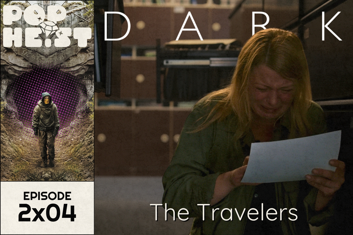 Woman crying, clutching photo, in room of filing cabinets