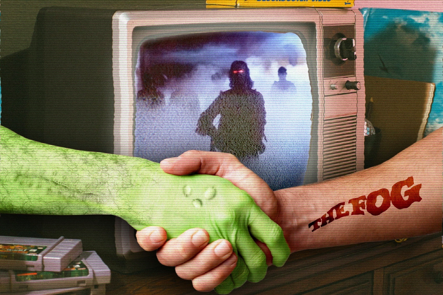 Monster shaking hands with person with THE FOG tattoo in front of old tv playing THE FOG
