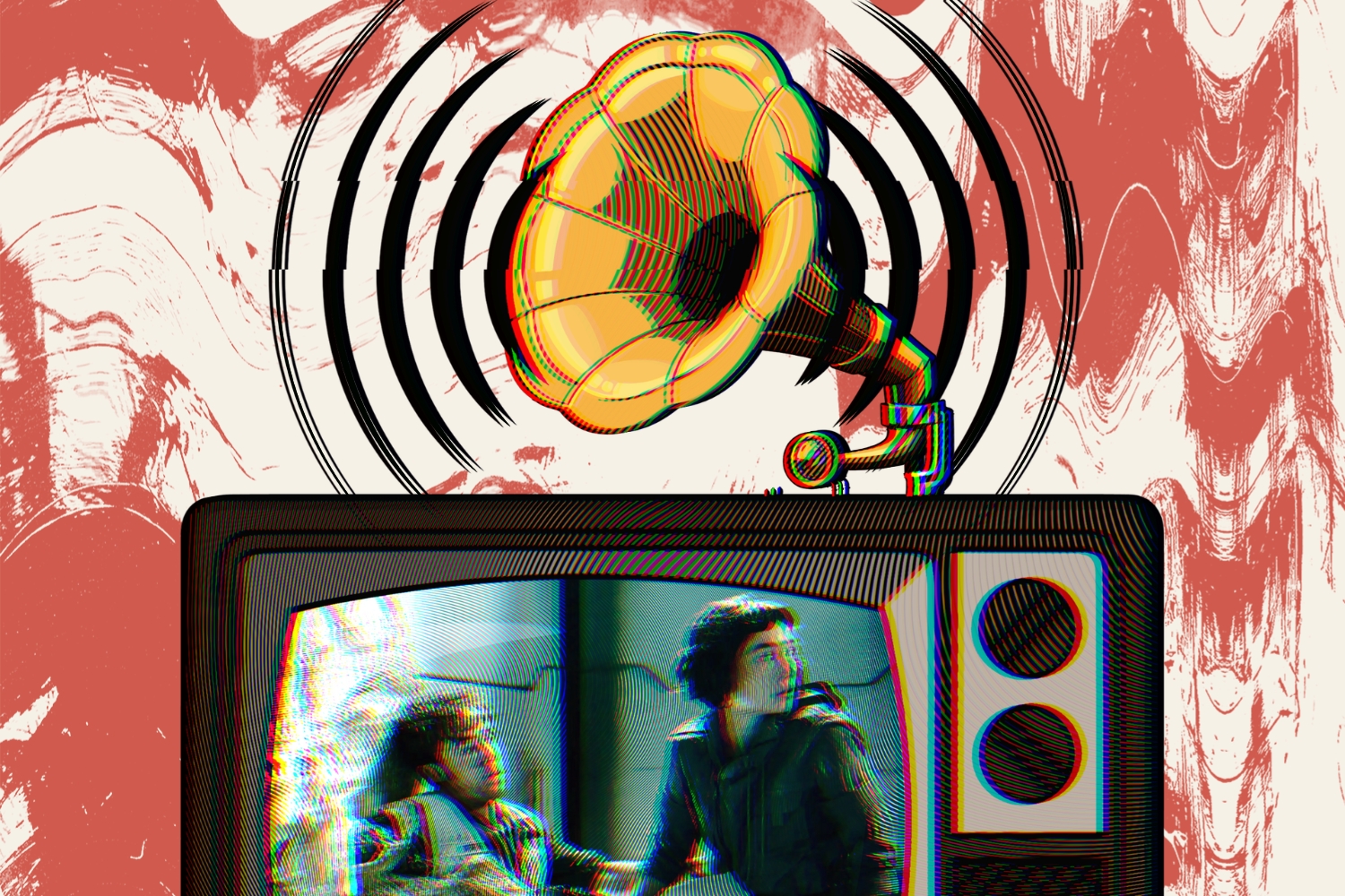 TV playing ALIEN EARTH with grammophone horn sticking out of it