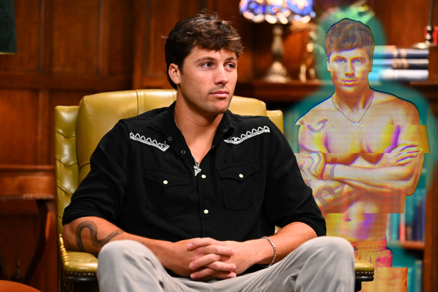 Rob on Traitors with Love Island Rob as a Force Ghost behind him