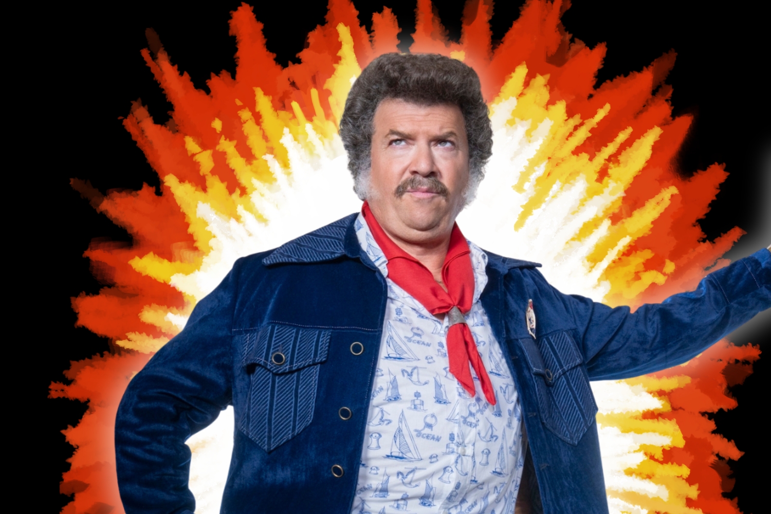 Danny McBride in front of explosion