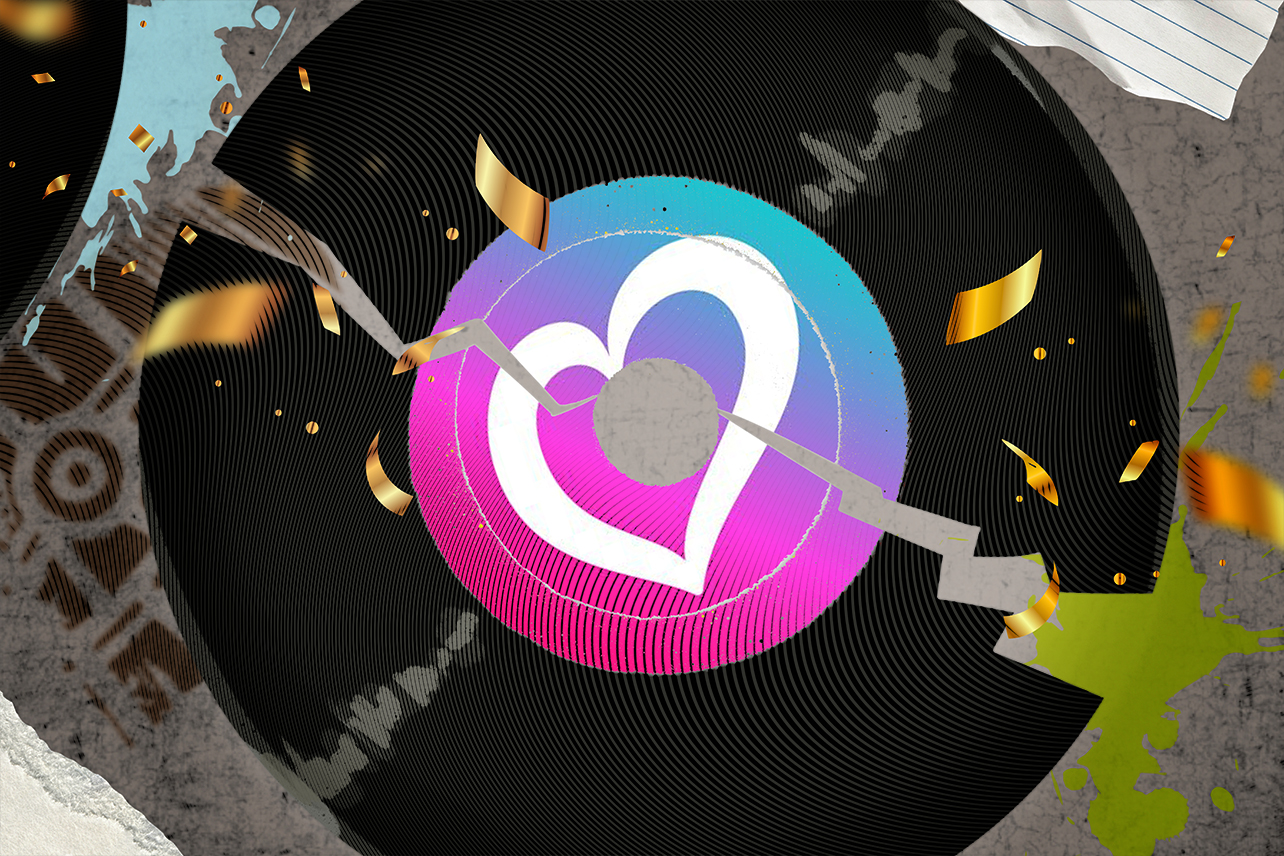 Smashed record with Eurovision logo on street with trash