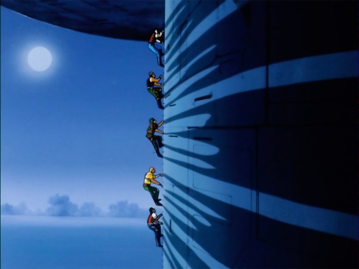 Renegades climbing ladder into Terror Drome, silhouetted by moonlight