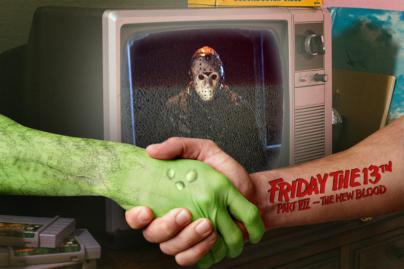 Jason on TV behind monster shaking hands with person who has Friday the 13th 7 tattoo,.