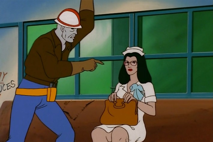 Destro as construction worker, Baroness as nurse on subway