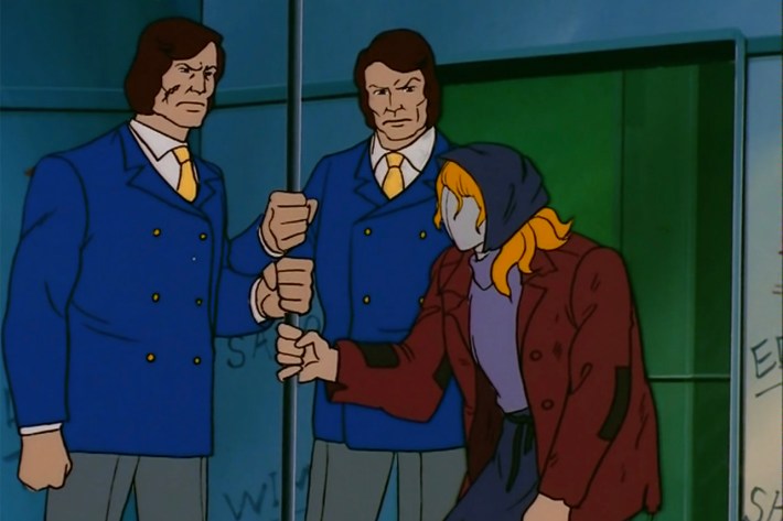 Tomax and Xamot in suits, Cobra Commander as bag lady