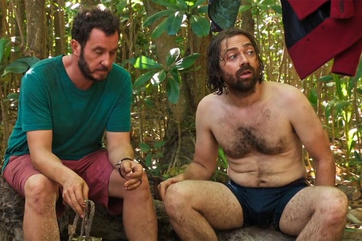 Devens and Christian; Christian is shirtless, hairy chest, in underwear, looking prominent