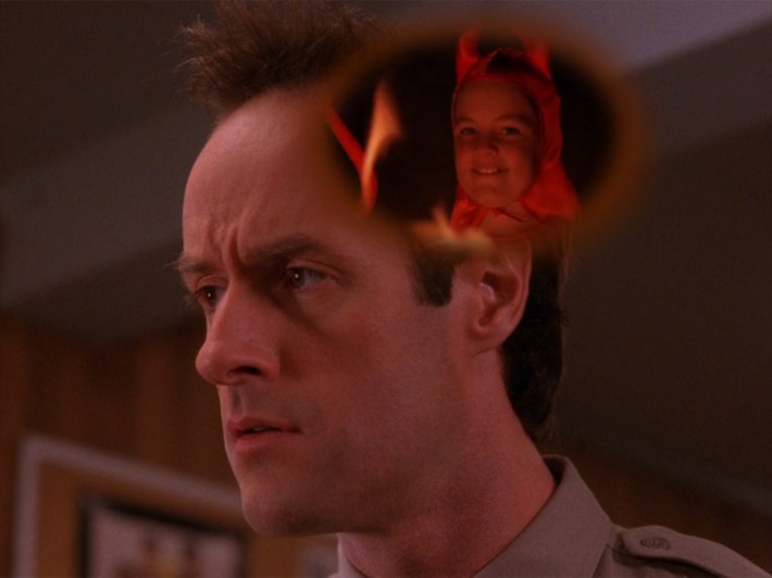 Deputy with child in devil costume superimposed over head