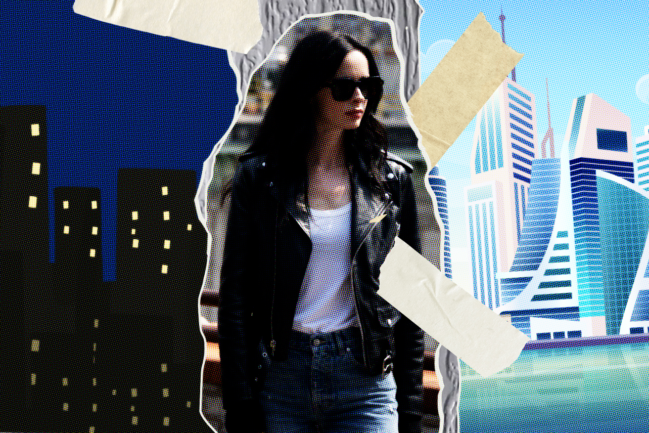 Jessica Jones taped between photos of cities at night and day