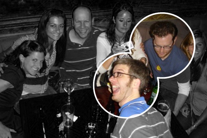 Late Show people at booth in bar with Brett and Moloney highlighted