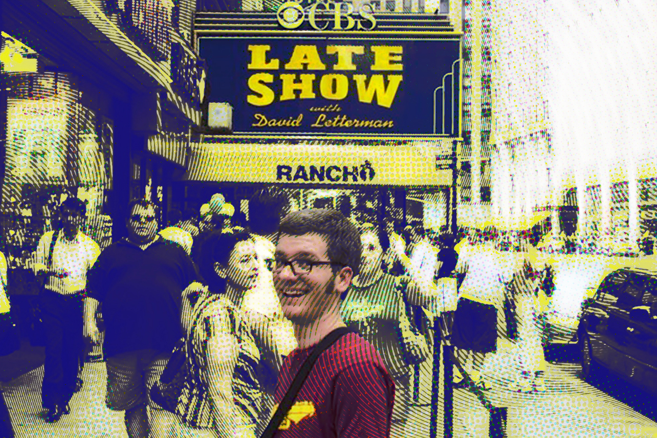 Brett under Late Show sign