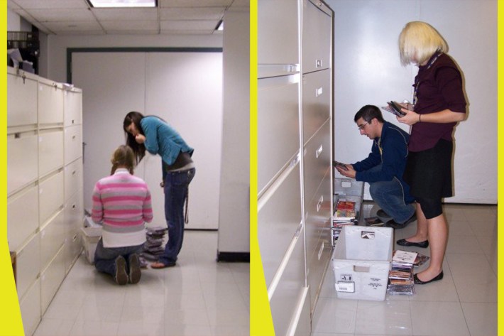 interns digging through free box
